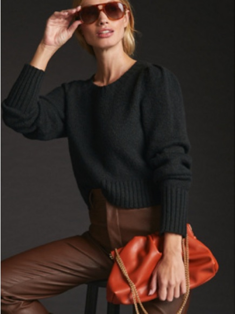 Black Women's Puff-Sleeve Crewneck Sweater